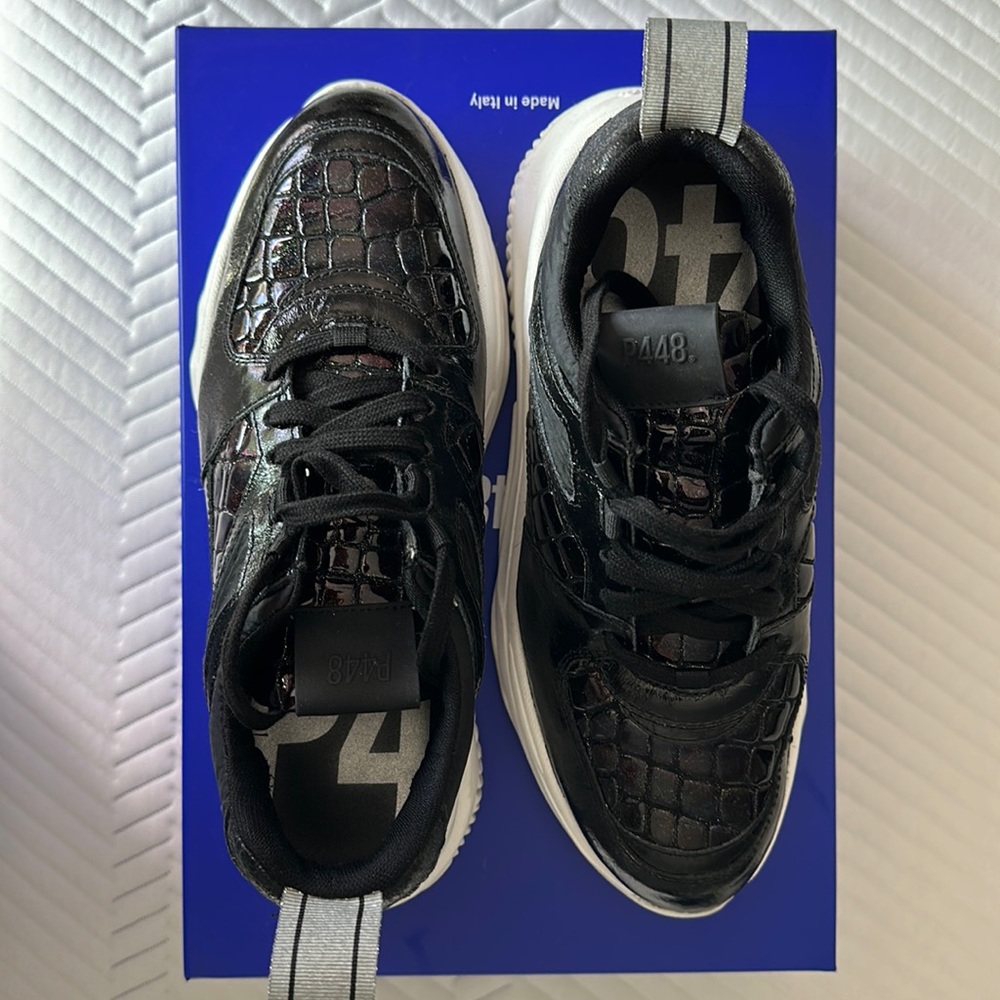 Only worn once - P448 Black Patent Croc- patterned colored trainers.